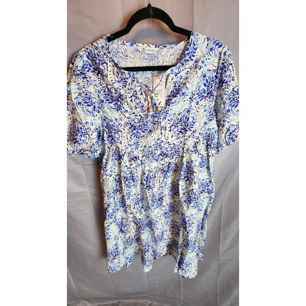 Cupshe Blue White Paisley Floral Babydoll‎ Mini Dress Tunic Womens M